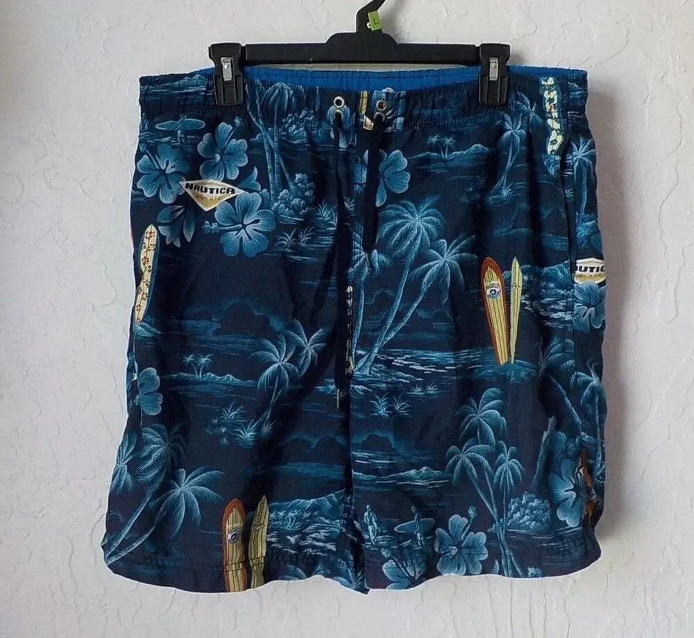 Nautica Blue Swim Shorts Trunks Men Size Medium Tropical Print Elastic Waist